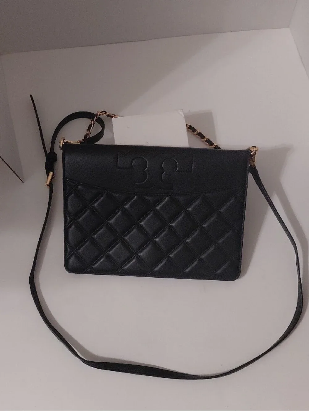 Tory Burch Savannah Black Quilted Leather Crossbody with Gold Chain Trim