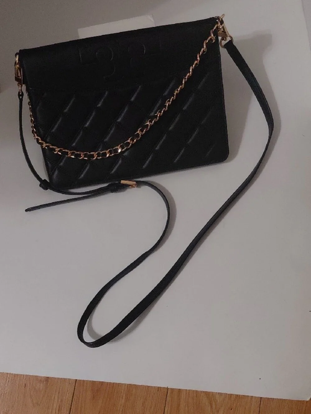 Tory Burch Savannah Black Quilted Leather Crossbody with Gold Chain Trim