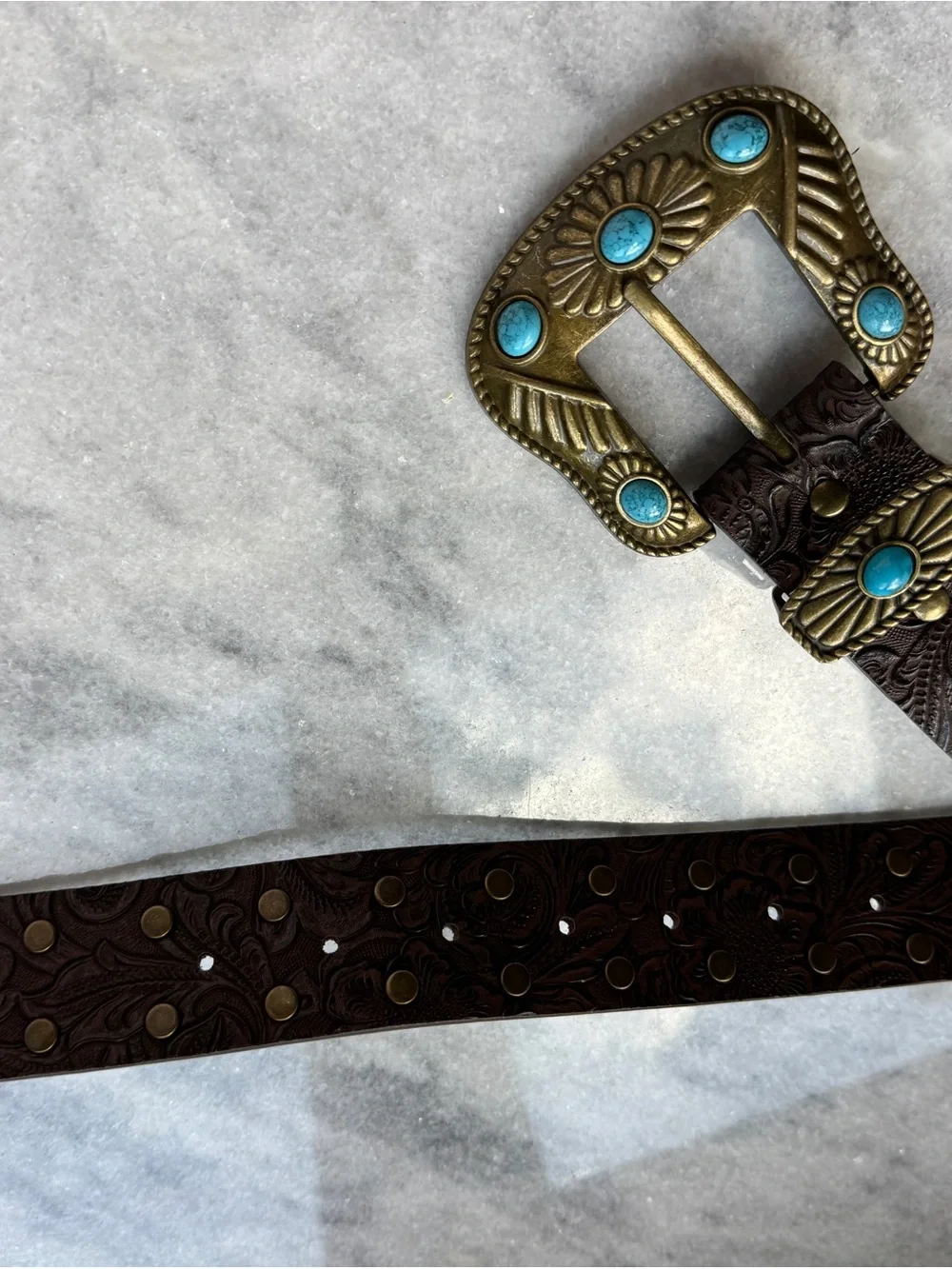 Western Tooled Brown Belt with Brass and Turquoise Buckle Accents