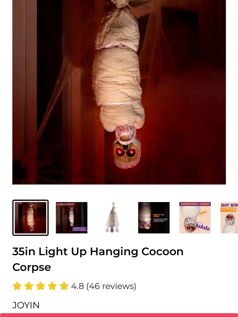 Halloween Decor- 35in Light-Up Hanging Cocoon Corpse - White