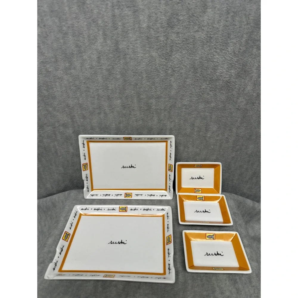VTG‎ Joie De Vivre Sushi Serving Set 5pc White Yellow Fish Pattern Plates