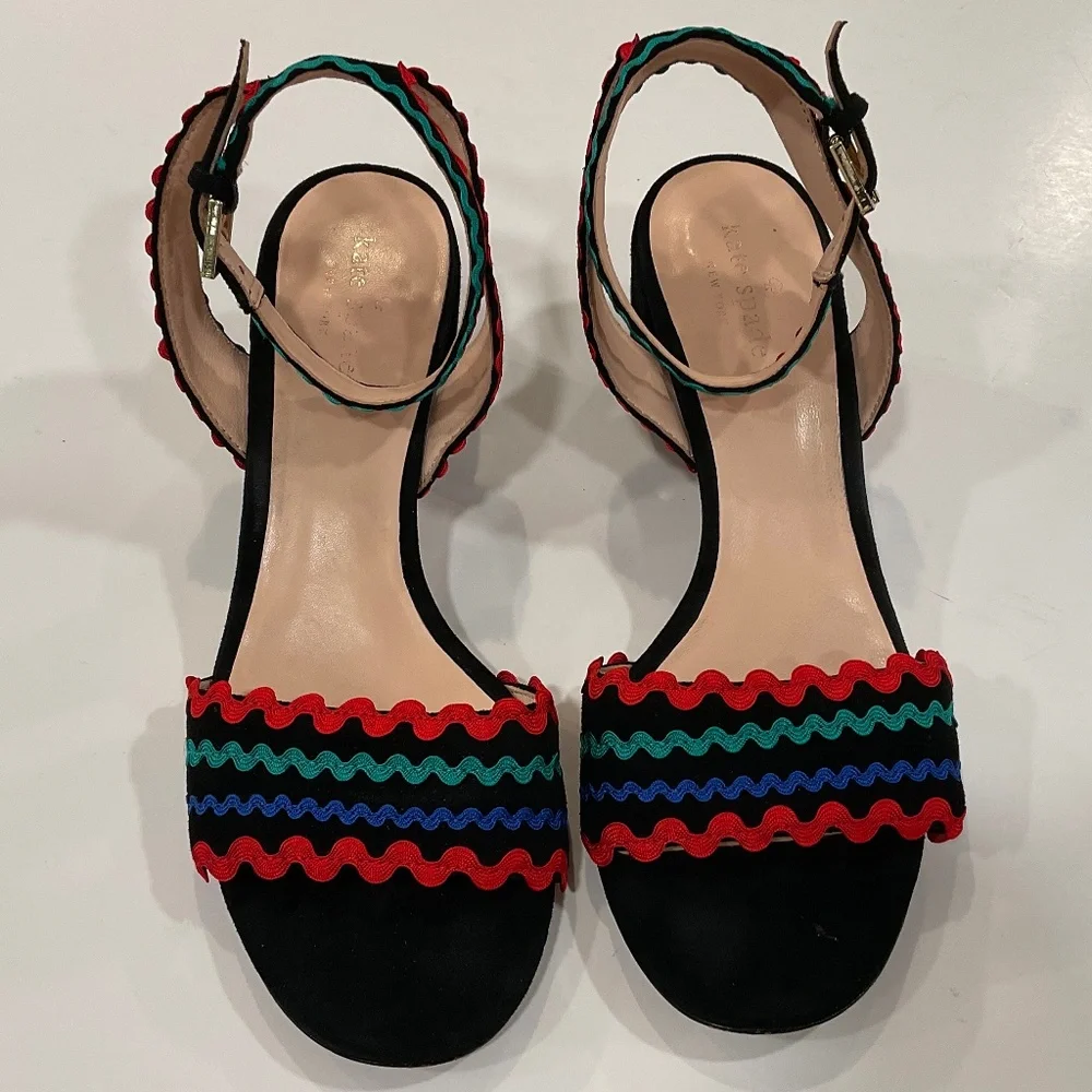 KATE SPADE Piedra Scallop Suede Block Heel Sandal Black/Multi Size 9