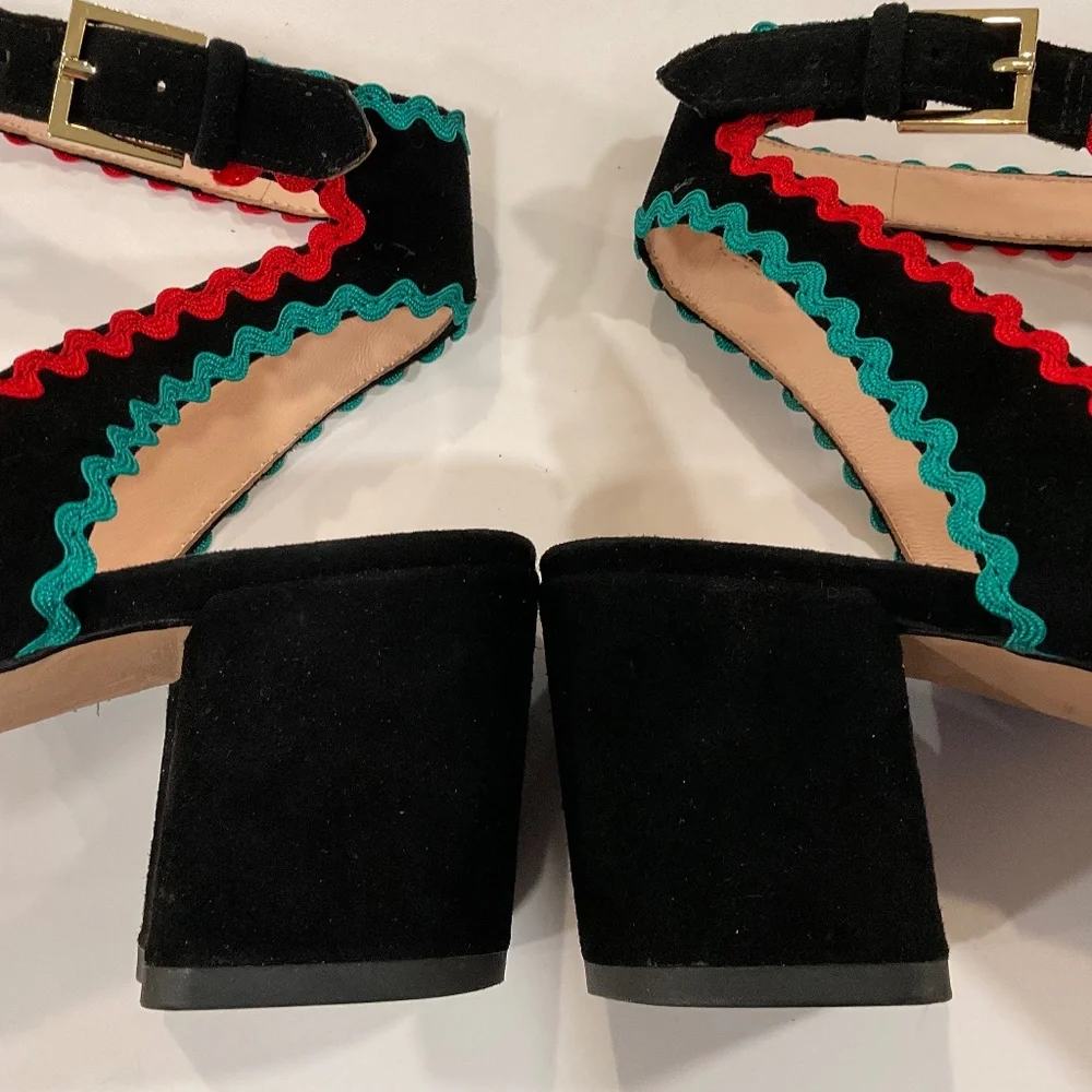 KATE SPADE Piedra Scallop Suede Block Heel Sandal Black/Multi Size 9