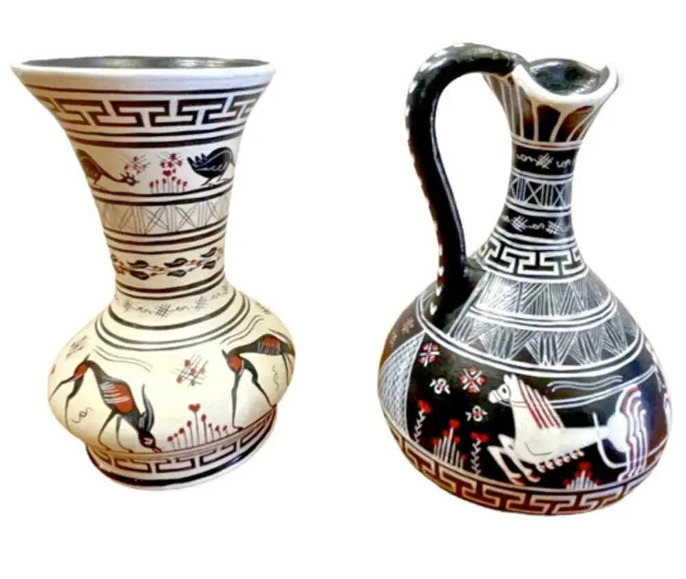 Pair of Unique Greek Vintage Vase Made by Vera G No. 5 & No. 20 Ceramic Handmade