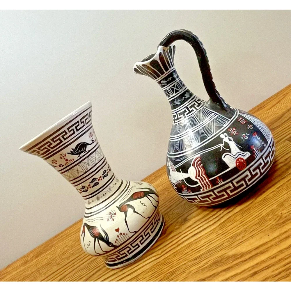 Pair of Unique Greek Vintage Vase Made by Vera G No. 5 & No. 20 Ceramic Handmade