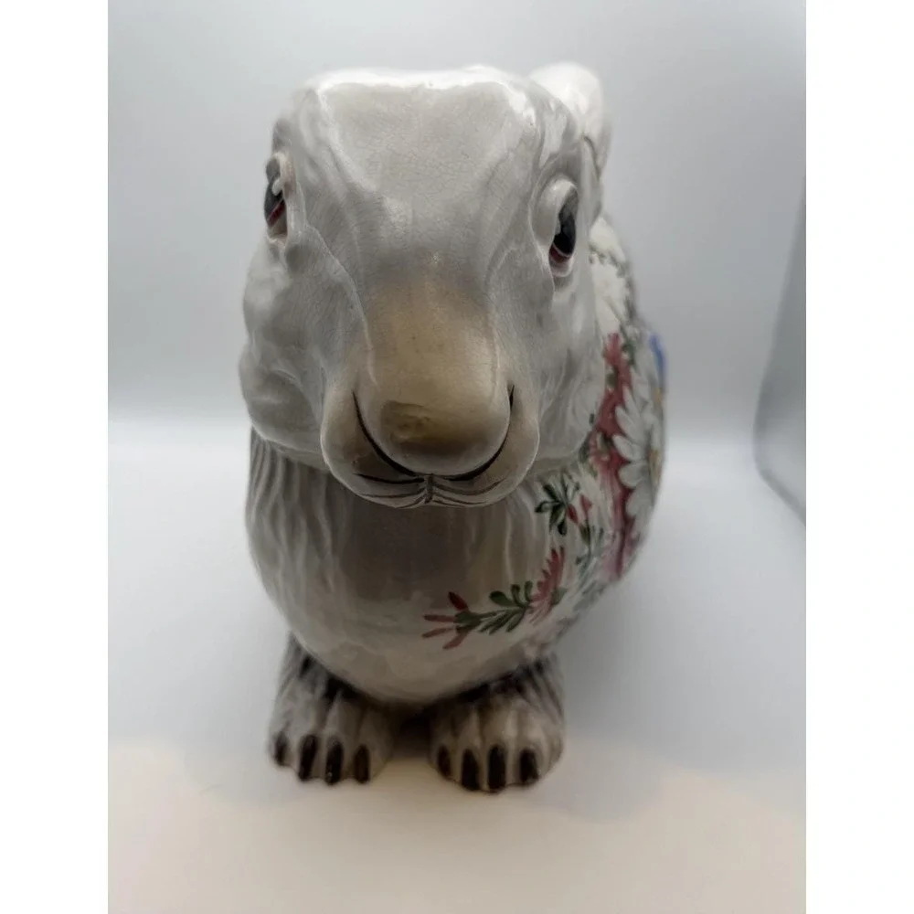 Vintage Bassano Italy Bunny Rabbit Tureen Majolica Floral Easter Centerpiece 12