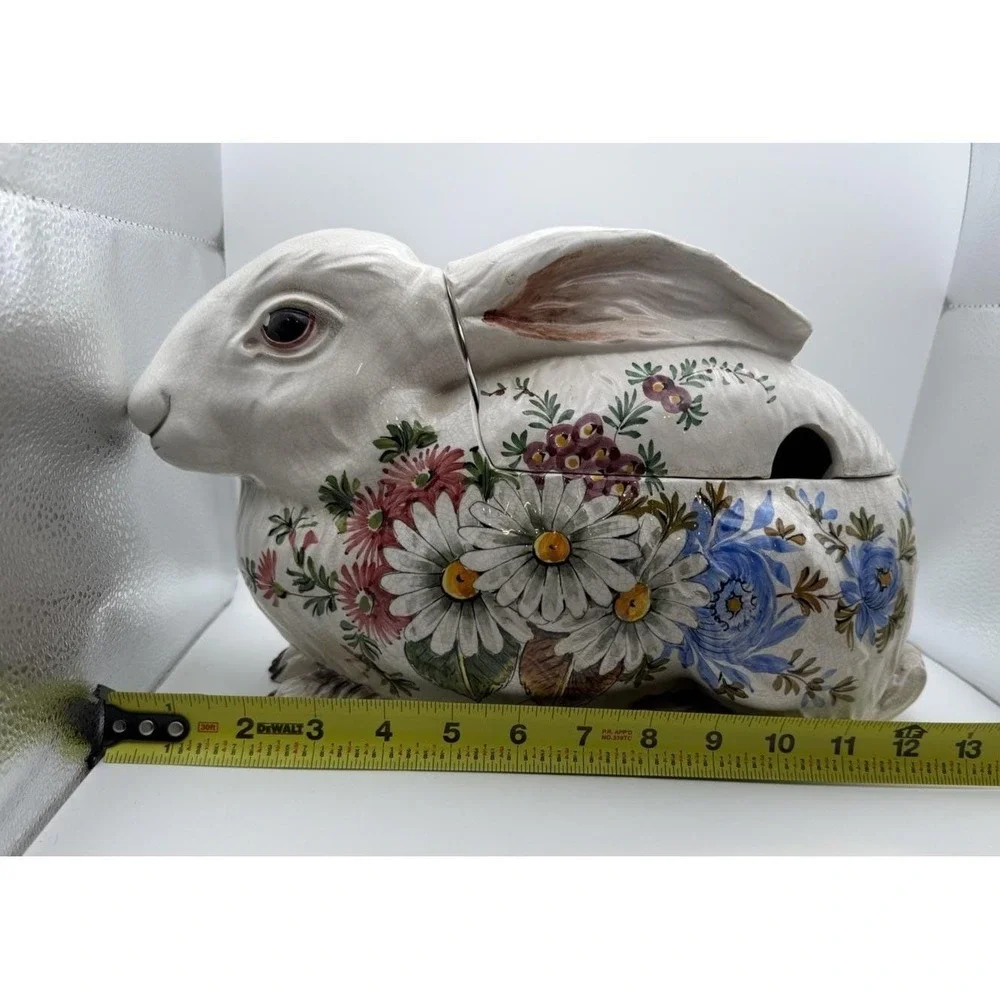 Vintage Bassano Italy Bunny Rabbit Tureen Majolica Floral Easter Centerpiece 12
