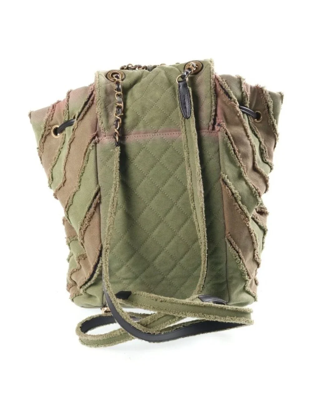 Chanel CC Logo Quilted Slash Quilt Canvas Chain Shoulder Backpack Gold Khaki