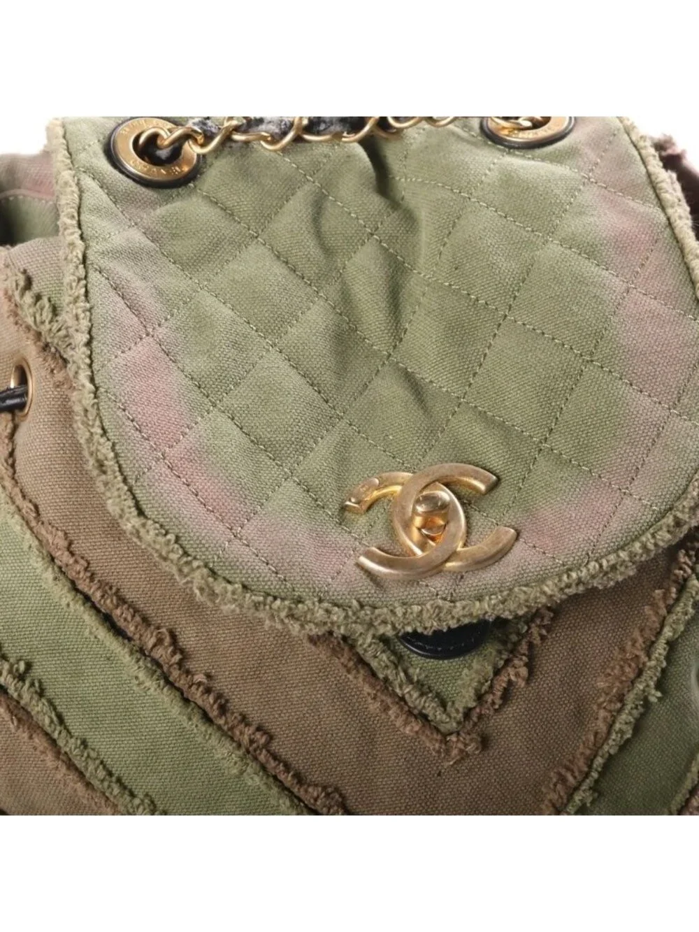 Chanel CC Logo Quilted Slash Quilt Canvas Chain Shoulder Backpack Gold Khaki