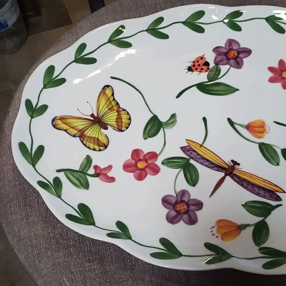 Vintage Handpainted Glazed Ceramic Serving Platter Butterfly Dragonfly Ladybug