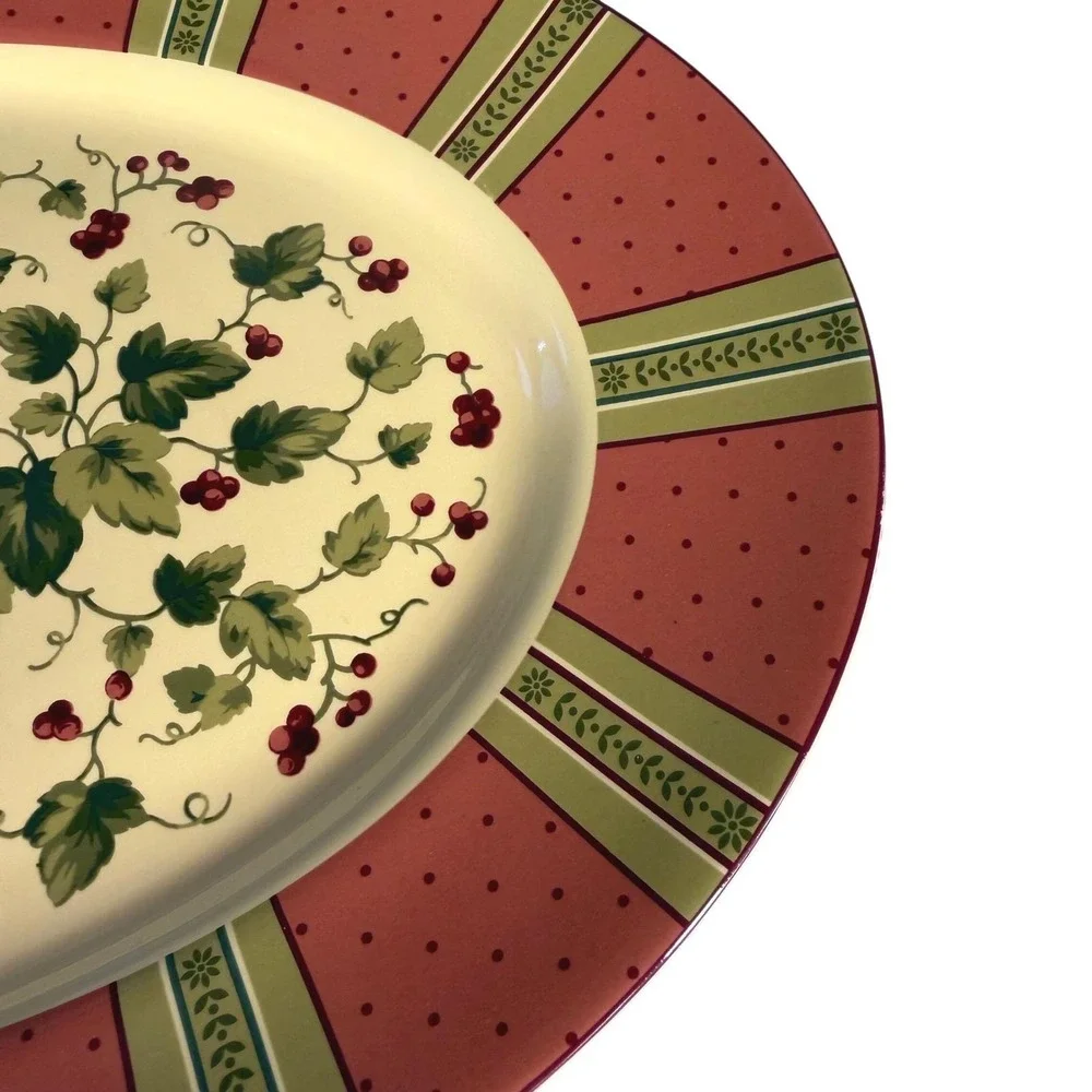 Waverly Garden‎ Room Oval Serving Platter Red Berries Floral Stripe Poland 98