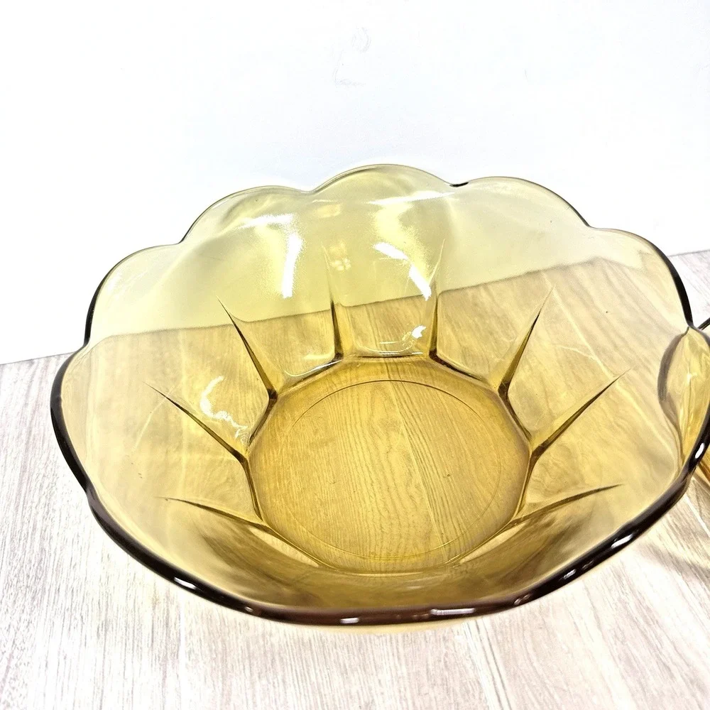 Vintage Amber Glass Serving Bowl Set Retro Scalloped‎ Dessert Fruit Bowls