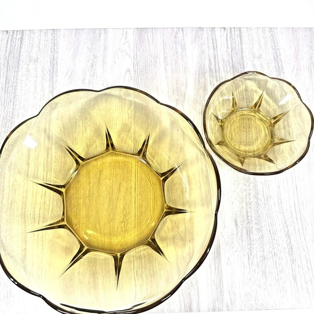 Vintage Amber Glass Serving Bowl Set Retro Scalloped‎ Dessert Fruit Bowls