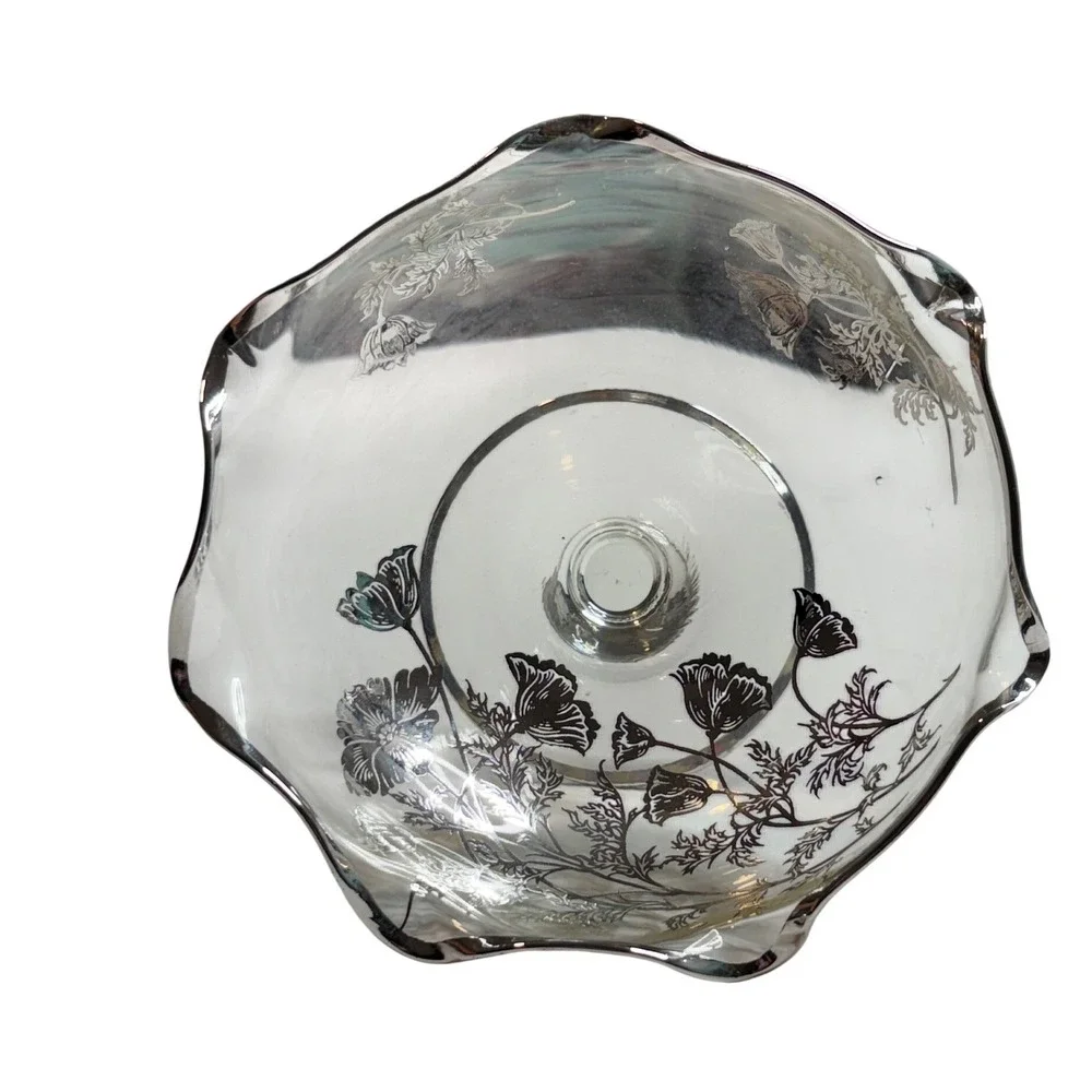 Vintage Silver City Poppy Glass Footed Bowl Clear Ruffle Rim Floral Pedestal 50s