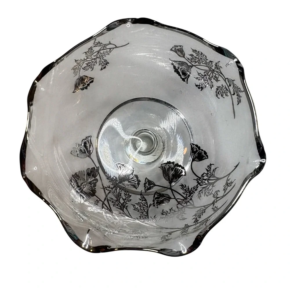 Vintage Silver City Poppy Glass Footed Bowl Clear Ruffle Rim Floral Pedestal 50s
