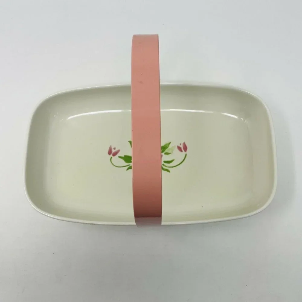 Vintage Teleflora 1985 Ceramic Serving Dish with Handle Pink‎ Floral Print White