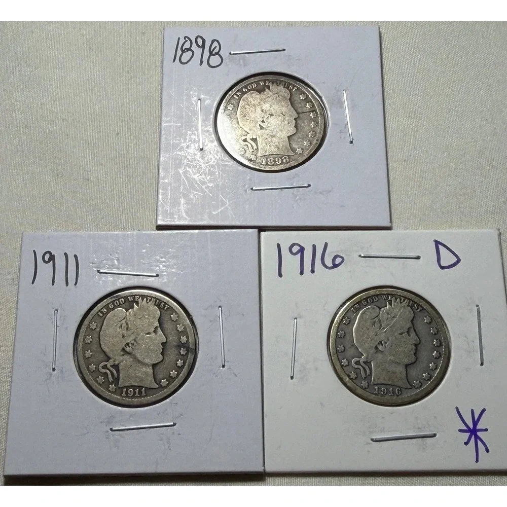 Lot‎ of 3 Barber Quarters 1898 1911 1916-D US Silver Coins 25c Estate Find