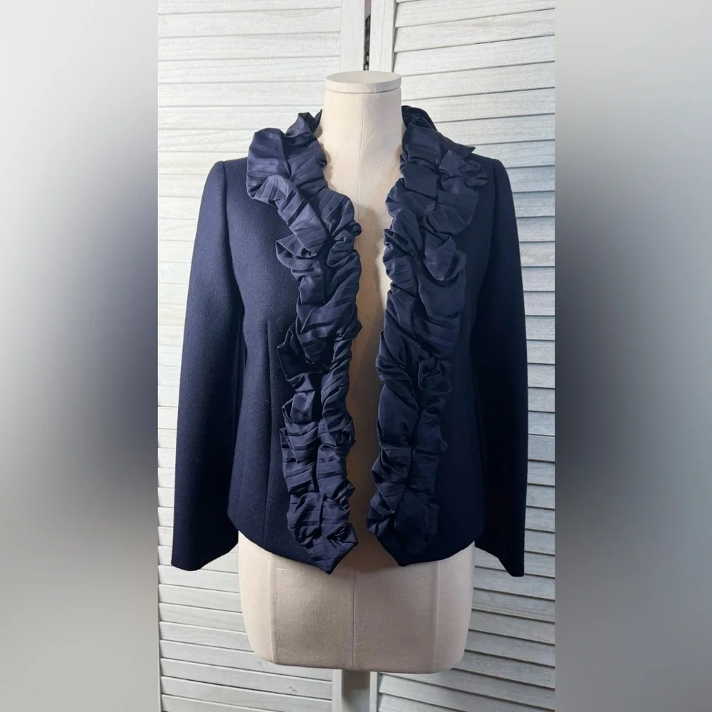 J.Crew Navy Ruffle Blazer Size 0 Feminine Statement Career Jacket Preppy Chic