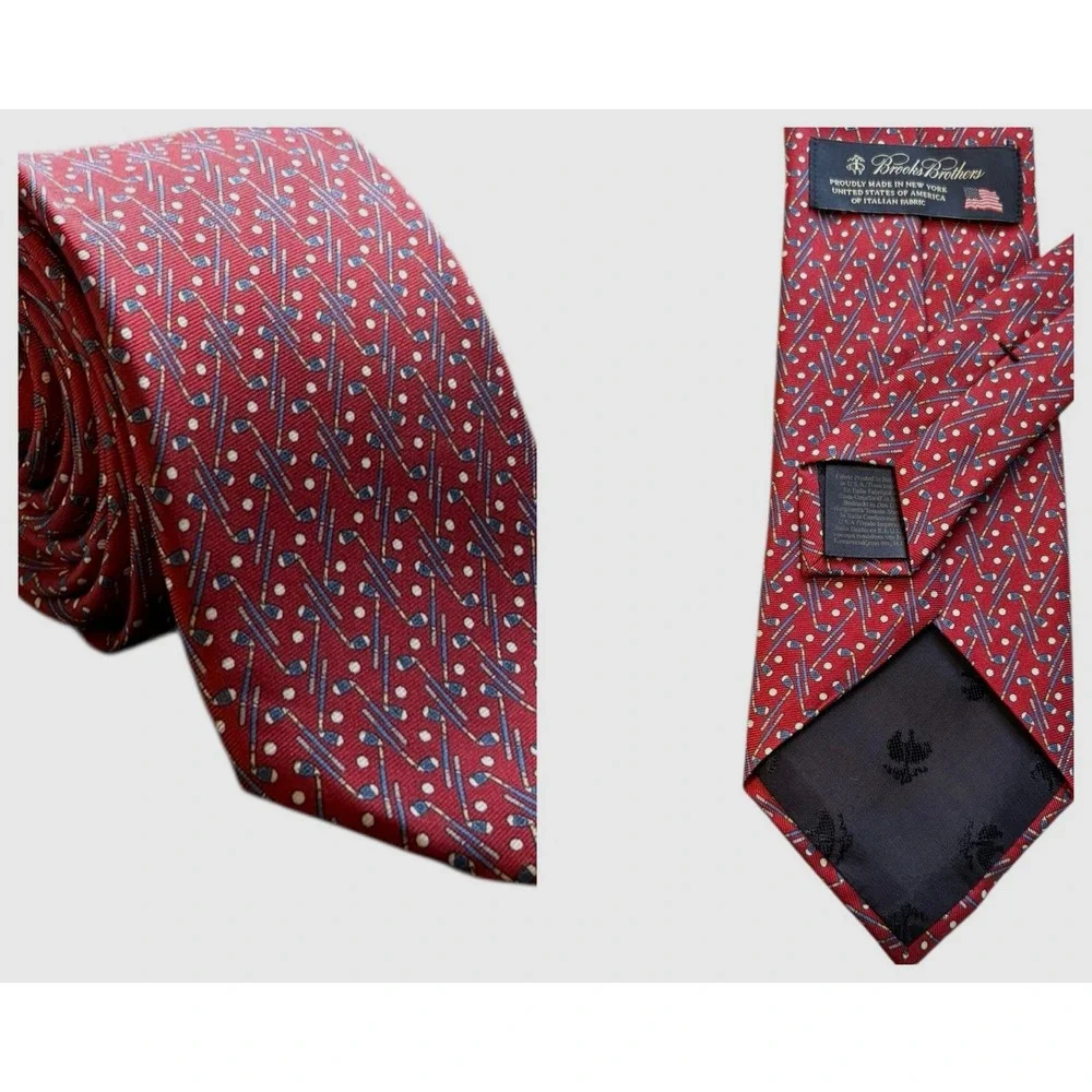 Brooks Brothers Golf Clubs Tie Red Silk Made In NYC NEW YORK USA 60