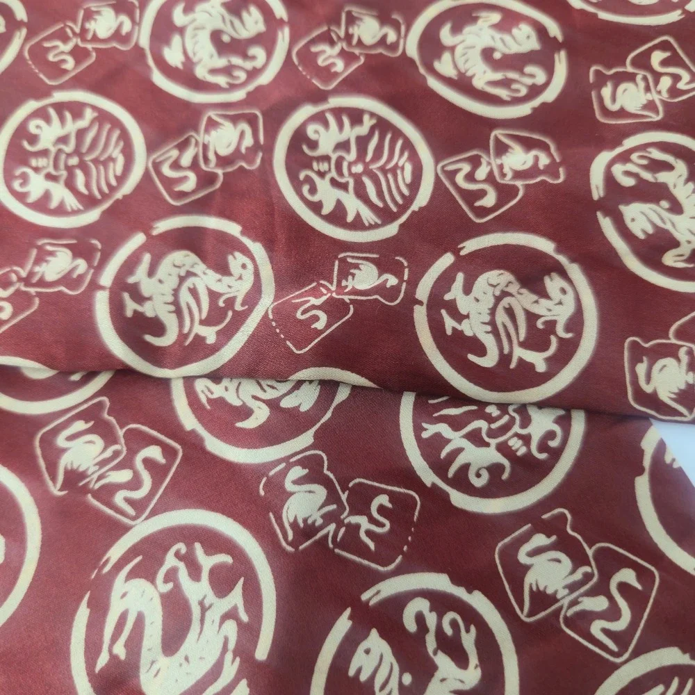 Vintage 100% Silk Scarf Burgundy Gold Dragon Medallions Tassel Fringe 48