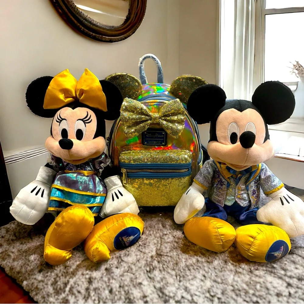 Loungefly EARridescent Gold Sequin Backpack WDW 50th Anniversary and Plushies
