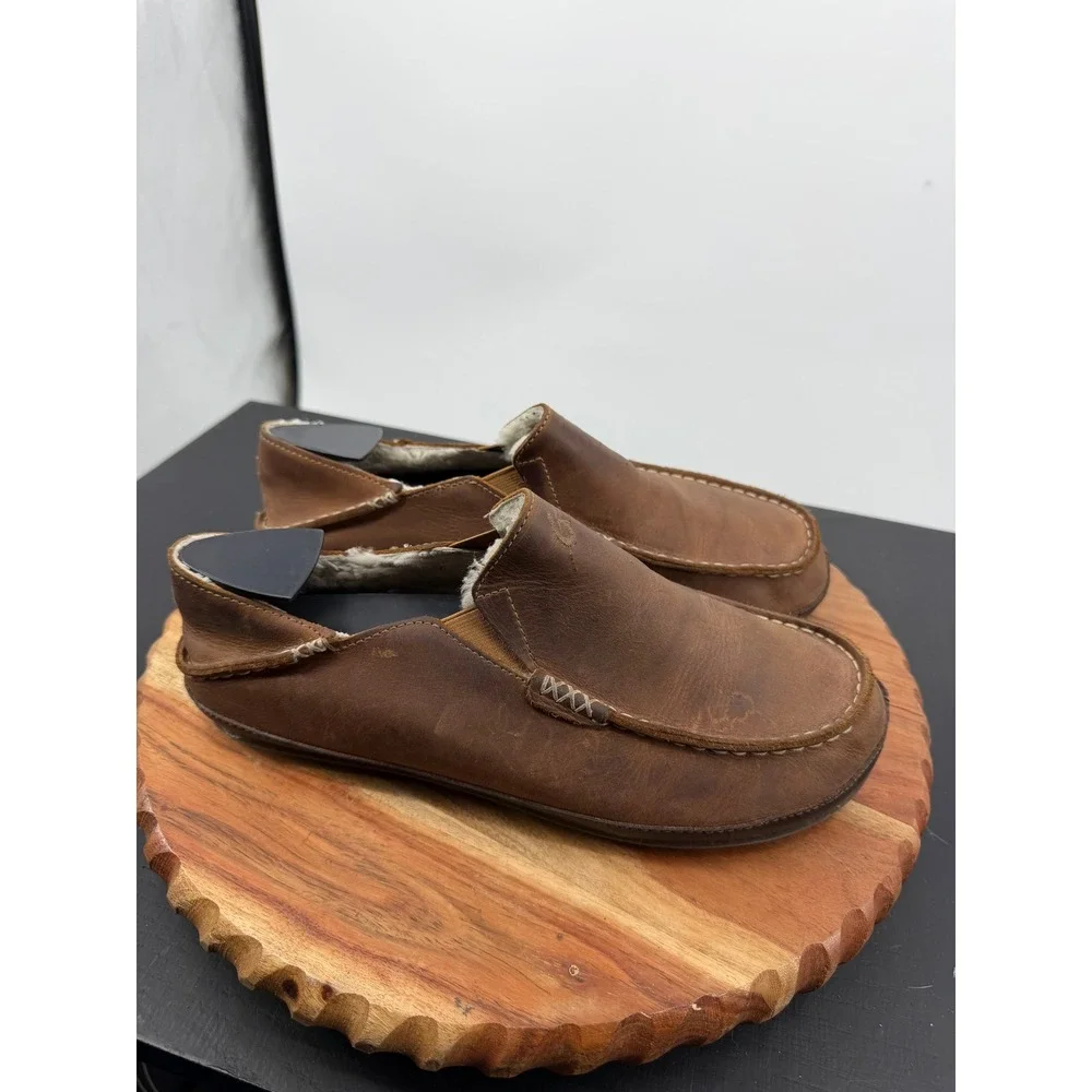OluKai Moloa Slipper Loafer Mens Size 8 Brown Leather Shearling Lined 10252-3363