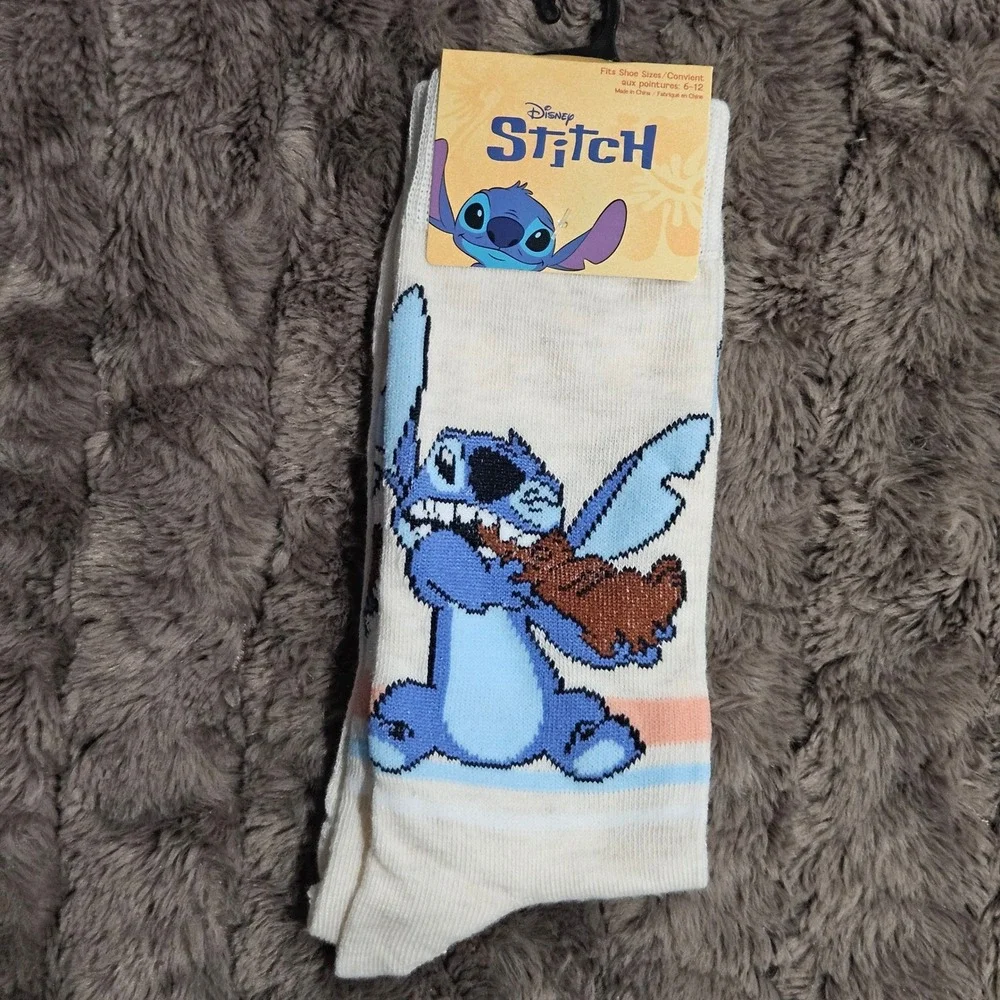 Disney Stitch Crew Socks Mens Womens Size 6-12 Cream Blue‎ Easter