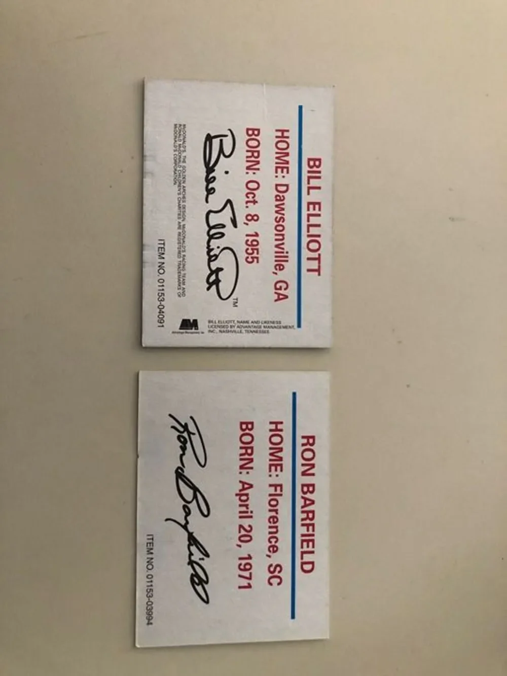 Bill‎ Elliott Signed Vintage McDonalds Promo Trading Card Rare Plus Ron Barfield