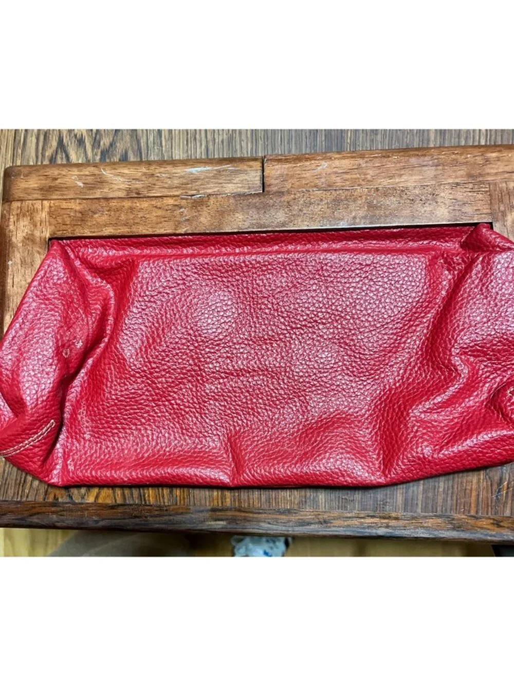 Rare Vintage RAFÉ Red Cut Out Leather‎ Clutch with Wooden Handle