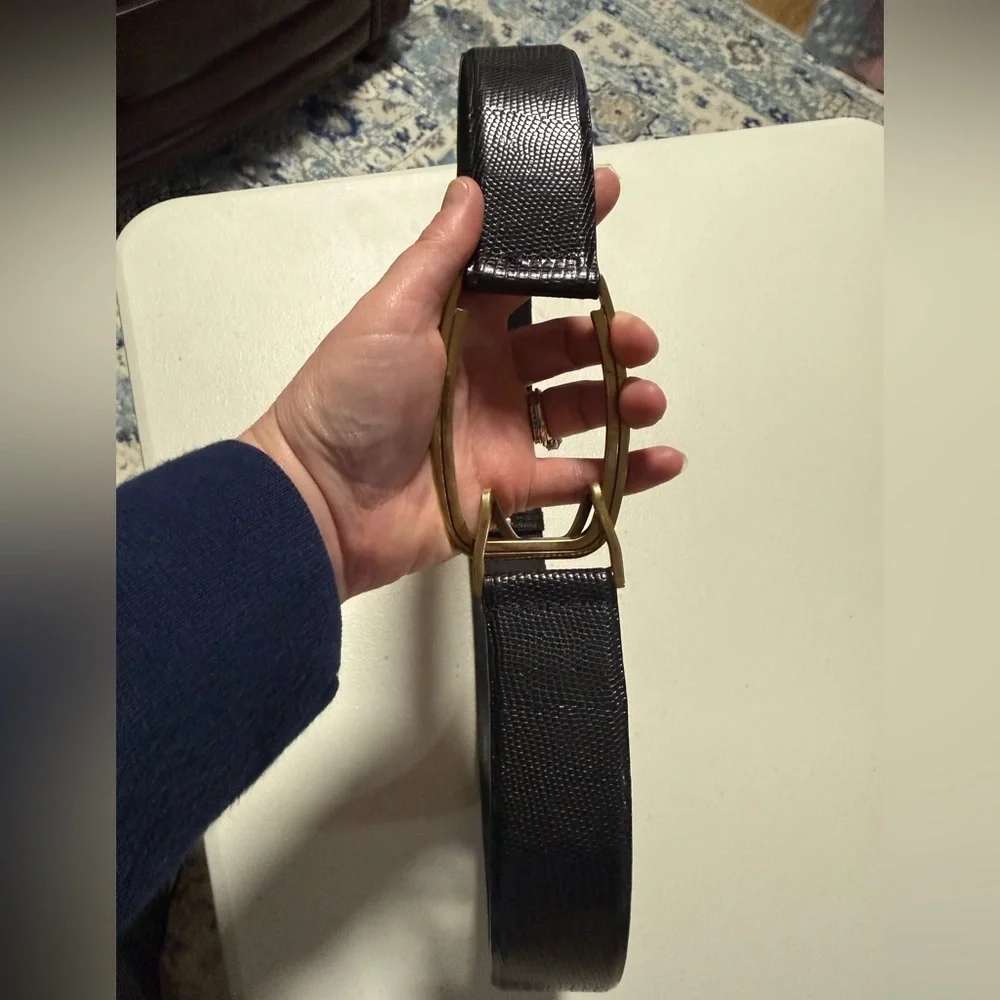 VTG Carlisle Black Leather Reptile Print Brass Accent Belt Size Medium
