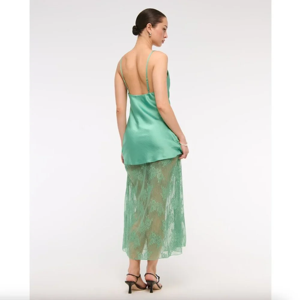 Abercrombie & Fitch Green Cowl Neck Satin Strappy Lace Mini Maxi Skirt Dress