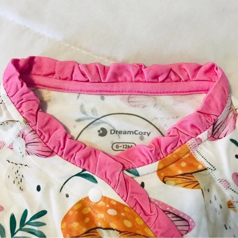 DreamCozy Pink Ruffle Retro Mushroom print Ling Sleeve One Piece Footies 6-12 MO