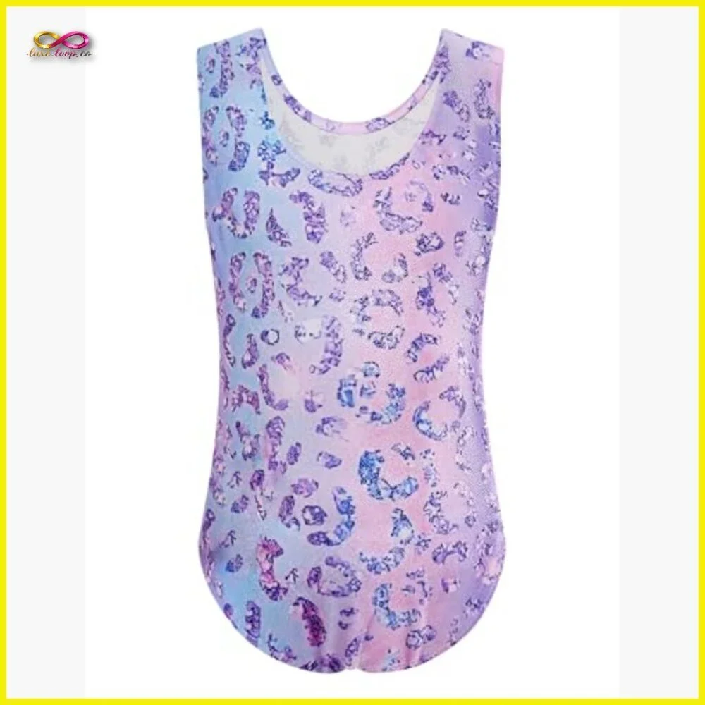 Sparkly Leopard Print‎ Gymnastics Leotard Set with Shorts and Scrunchie