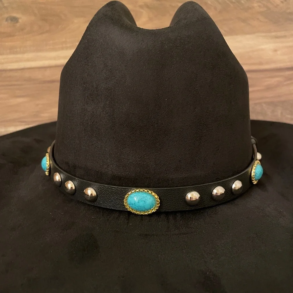 Nickoler Suede Western Cowgirl Hat for Women Black with Turquoise Accent Size L