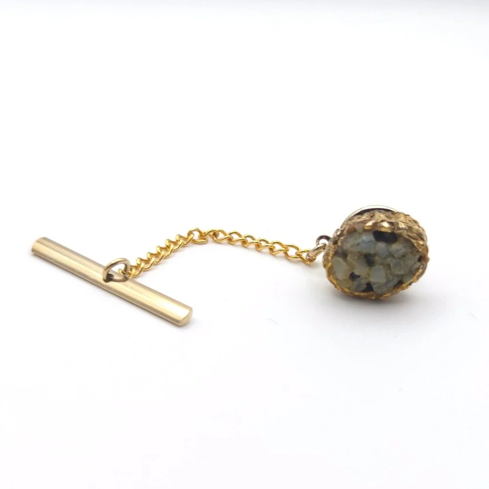 Vintage Gold Tone Faux Stone Cluster Tie Tack with Security Chain‎ and Bar