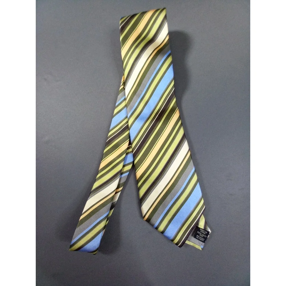 Banana Republic 100% Silk Striped Necktie Green Blue Olive Gray‎ Cream Mens Tie
