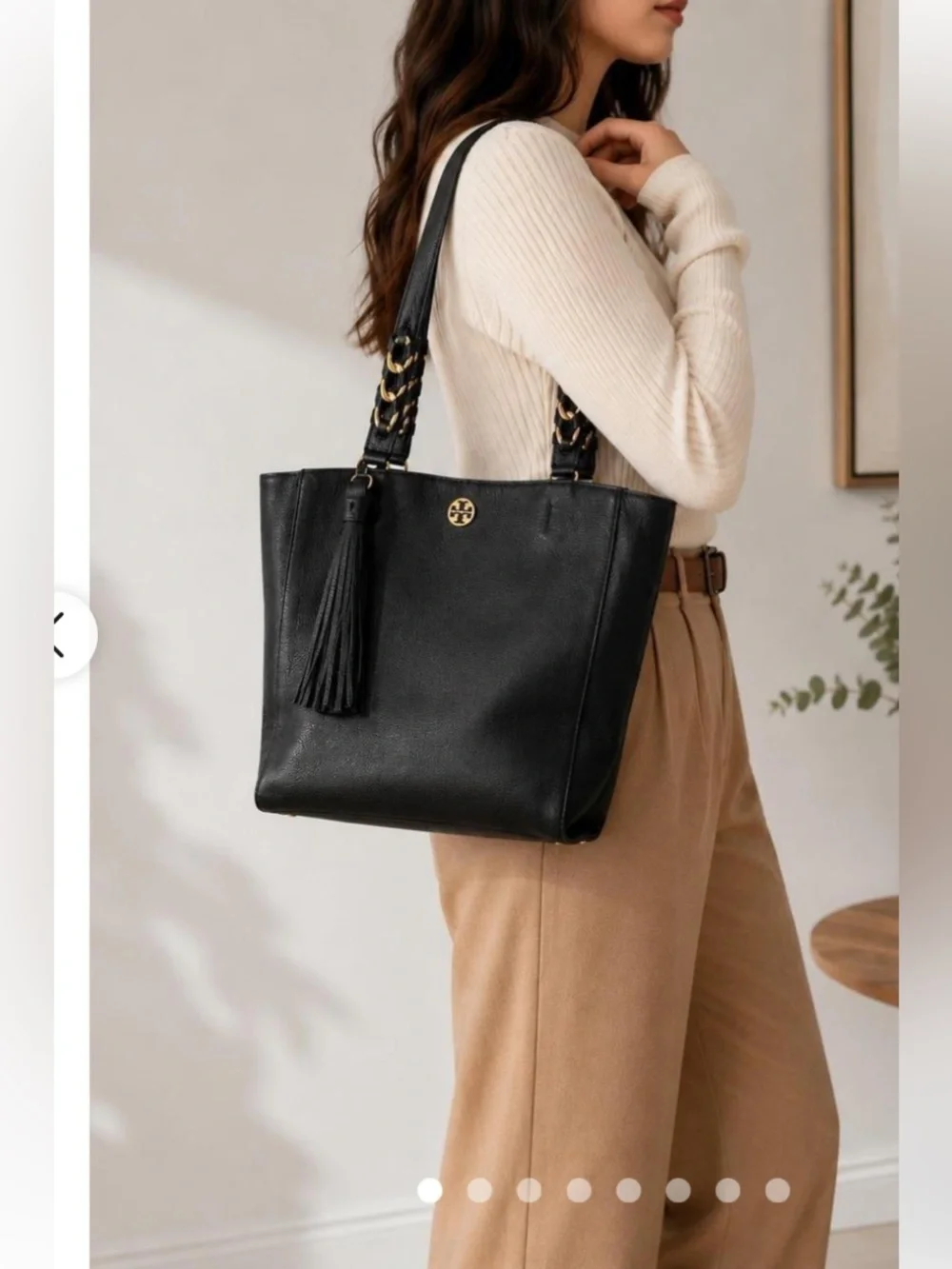 Tory Burch Black Pebbled Leather Brooke Tote Bag Purse Braided Strap Tassel Gold