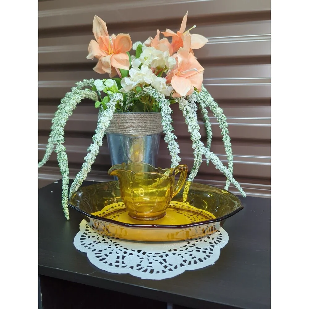 Vintage Amber Pressed Glass Creamer and Tea Platter‎ Tray Serving Dish Plate