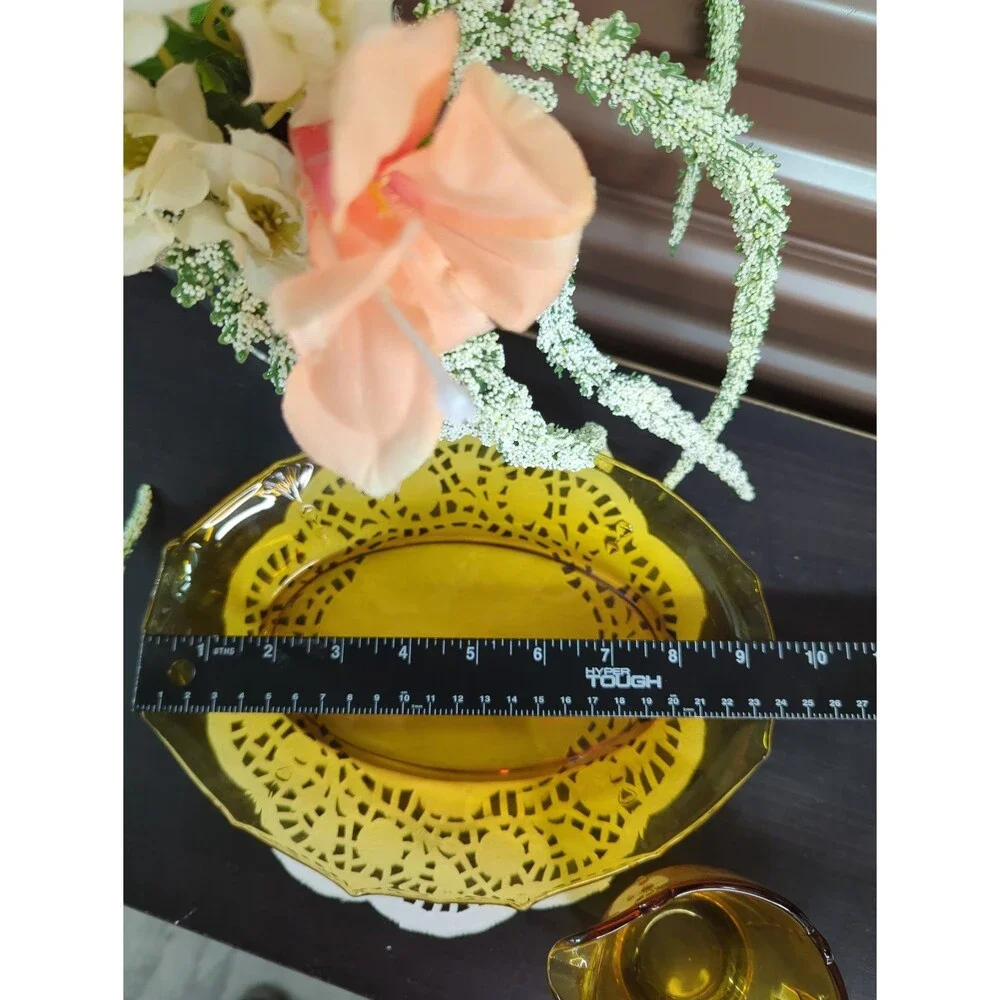 Vintage Amber Pressed Glass Creamer and Tea Platter‎ Tray Serving Dish Plate