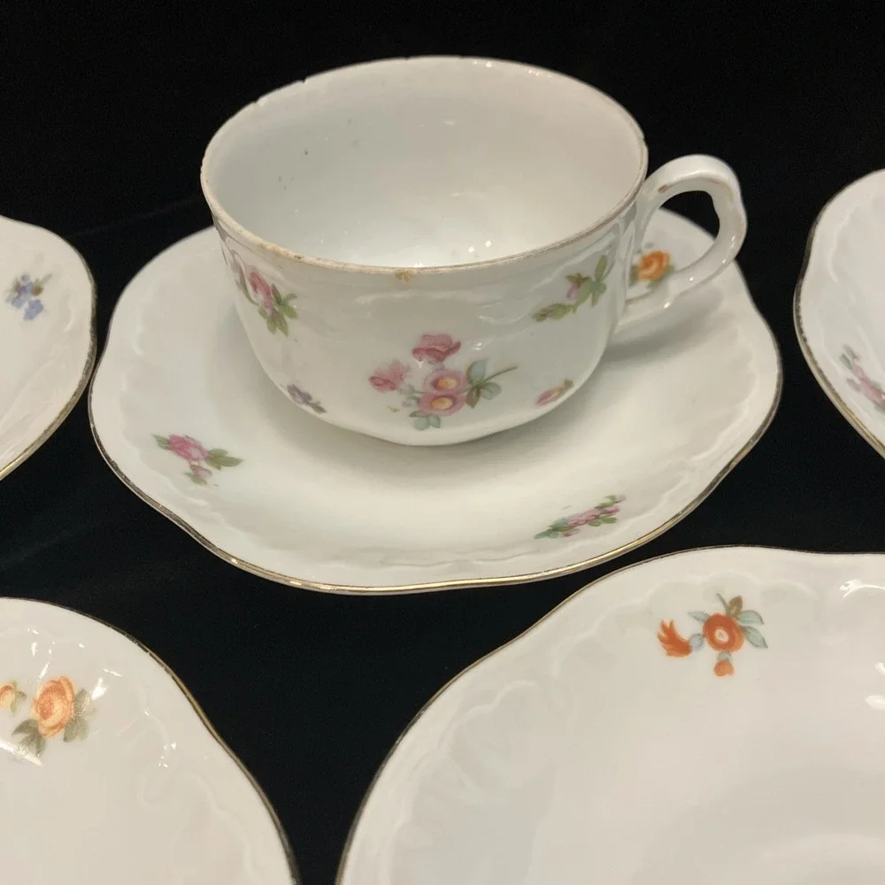 Bavaria Schumann Germany US Zone Floral Pattern 1 Teacup 6 Saucer 1940s Kitchen