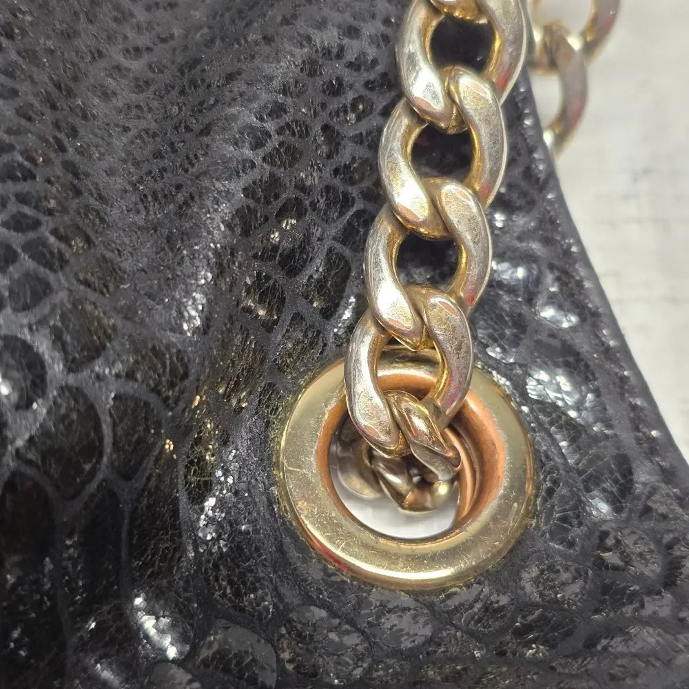 Michael Kors Python Snakeskin Embossed Leather Black Chain Hand Bag Boho Chic