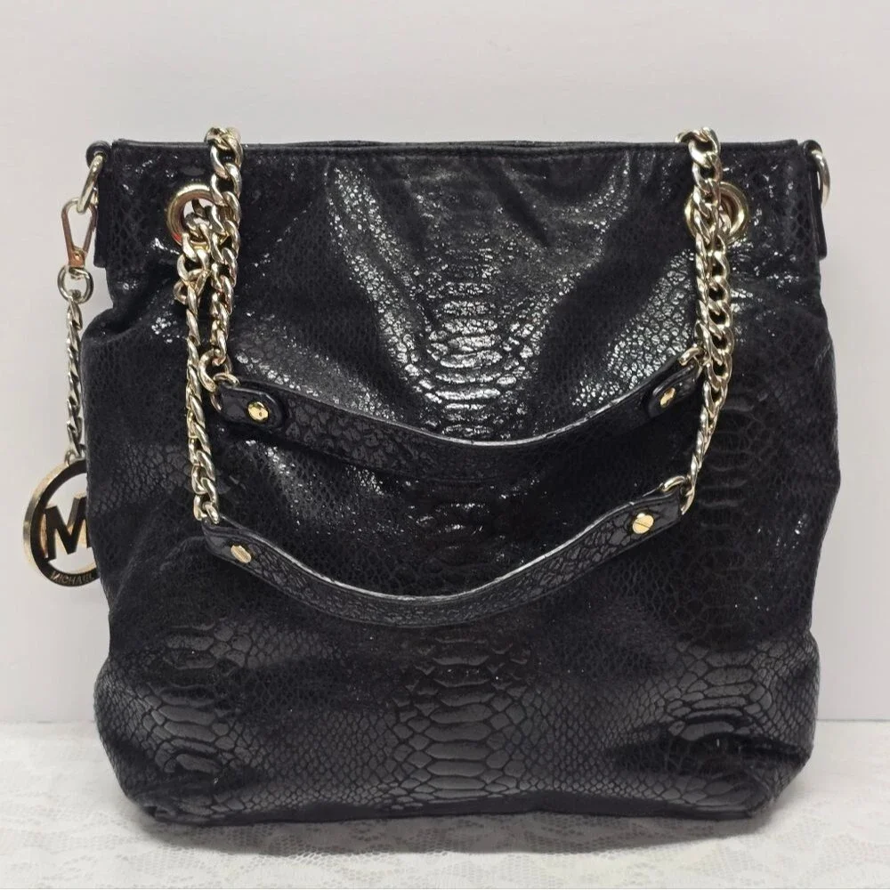 Michael Kors Python Snakeskin Embossed Leather Black Chain Hand Bag Boho Chic