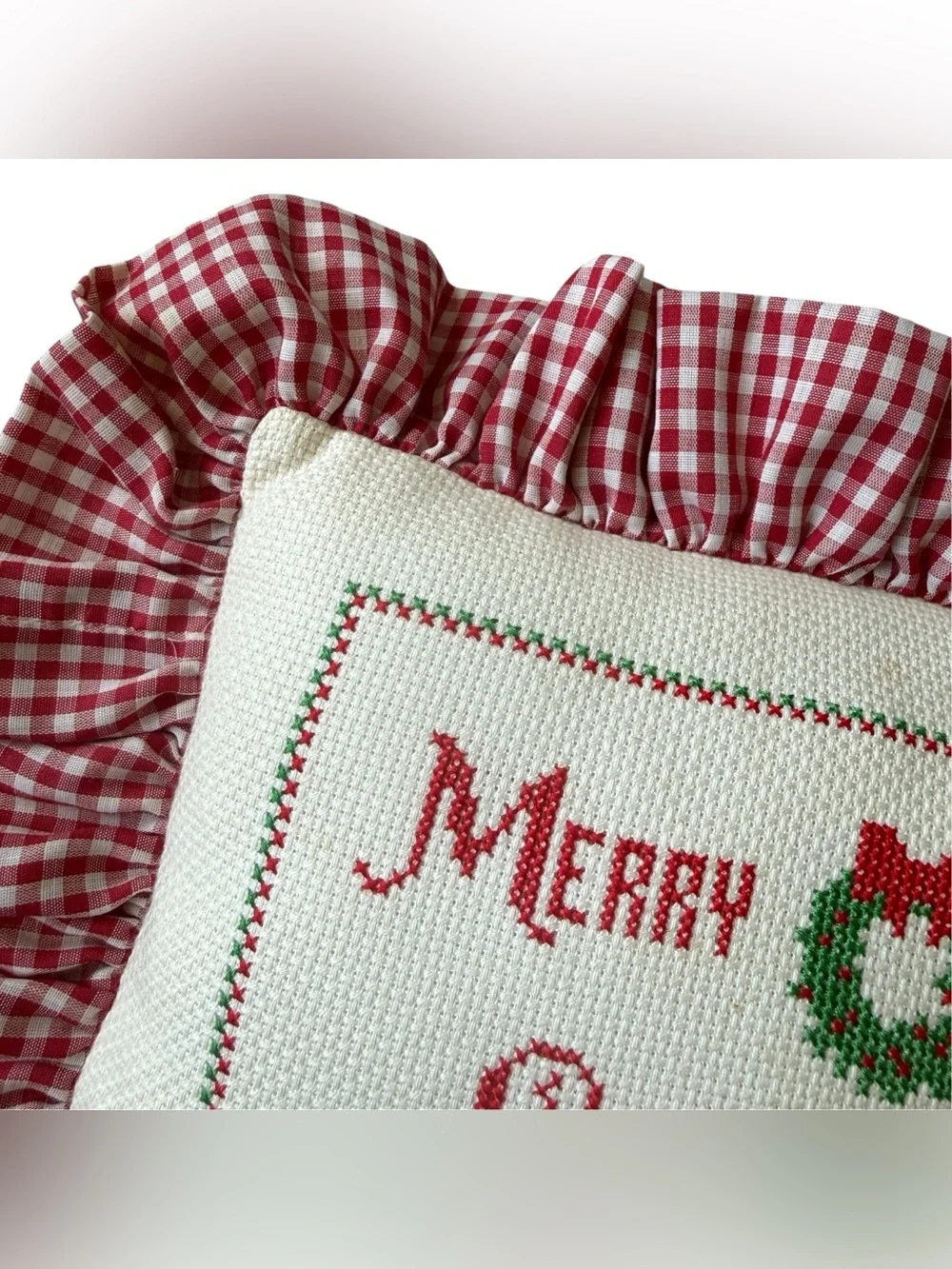 Vintage Christmas Needlework Pillow Gingham Ruffle Grandmillennial Cottage Decor
