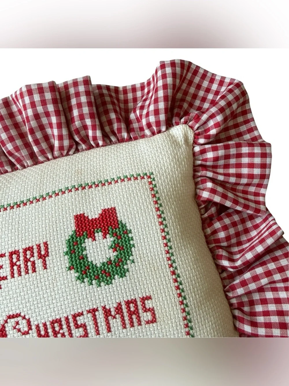 Vintage Christmas Needlework Pillow Gingham Ruffle Grandmillennial Cottage Decor
