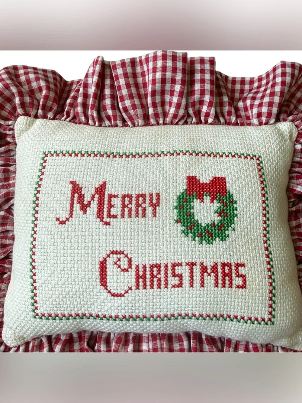 Vintage Christmas Needlework Pillow Gingham Ruffle Grandmillennial Cottage Decor