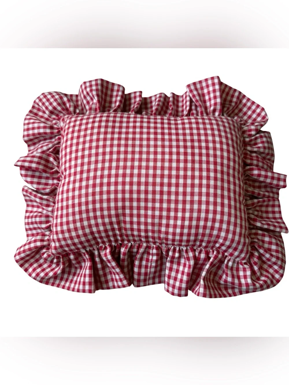 Vintage Christmas Needlework Pillow Gingham Ruffle Grandmillennial Cottage Decor