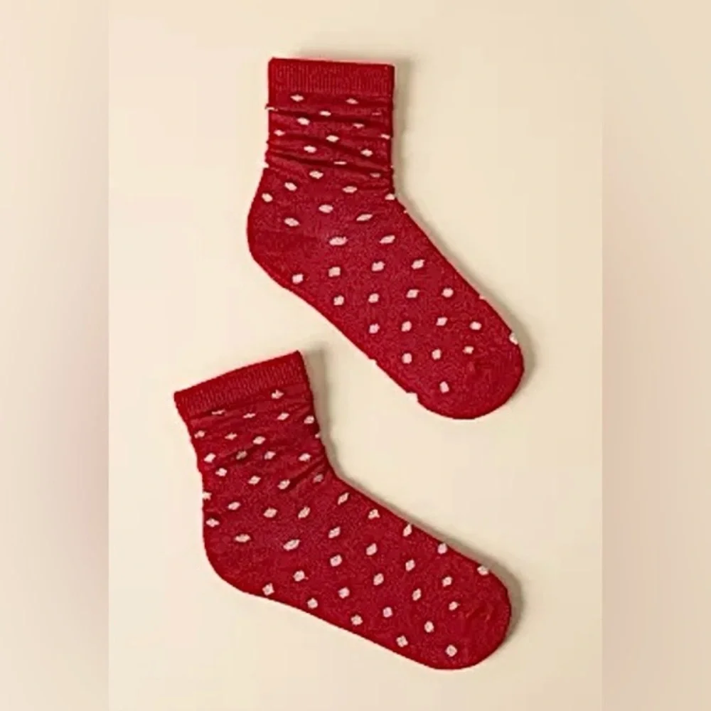 NWT ANTHROPOLOGIE LUREX CREW SOCKS POLKA Dot Print RED/ SILVER