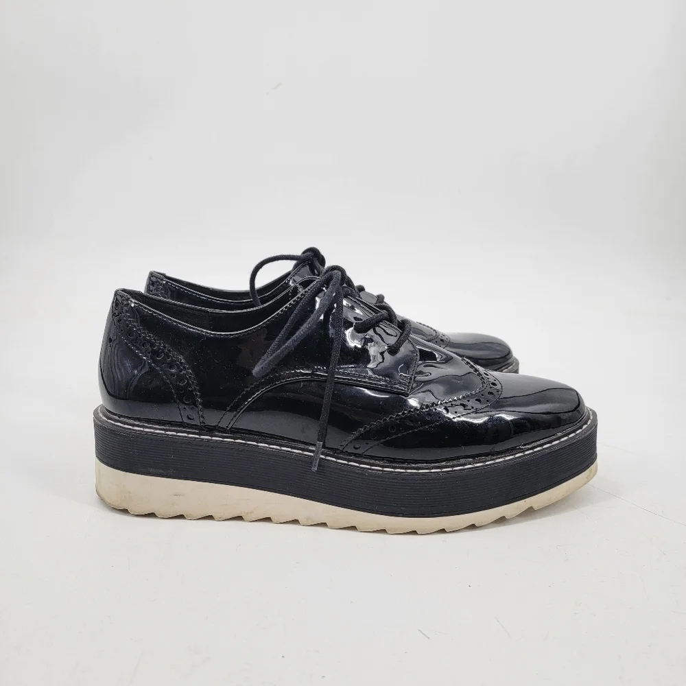 Zara Black Patent Leather Platform Oxford Derby Creepers Size 40 Dark Academia