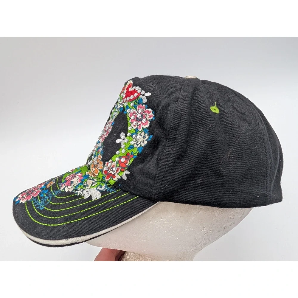 Classic Jolly Roger Black Cotton Floral Peace Sign Rhinestone Adjustable Hat