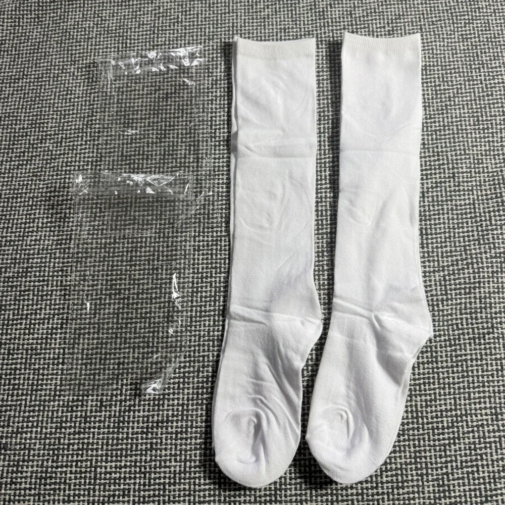 Womens White Knee High Socks Solid Ribbed Cuff School Uniform Hosiery